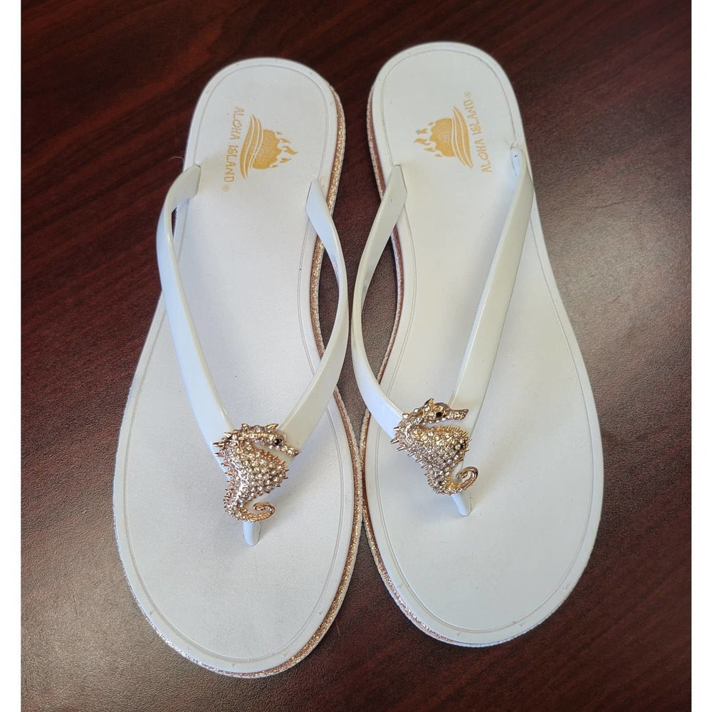 Aloha Island Thong Flip Flops Seahorse Charm White Rose Gold